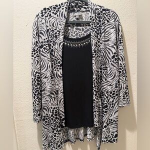 JM Collection Black and White Patterned Cardigan with black Tank - Size L
